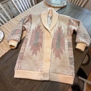VTG Hilda Ltd. Icelandic Wool Knit Cardigan Sweater Womens Oversized Aztec Print